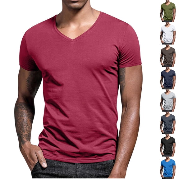 Luvrsol Mens Shirts Plus Size Casual Solid Moisture Wicking Short Sleeved Tee V-neck Tee, S-5XL