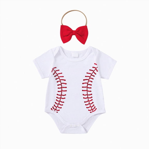 mgoYE Baby Girl Baseball Romper Outfit 18-24 Months Embroidered Game Day Bubble Romper with Headband White