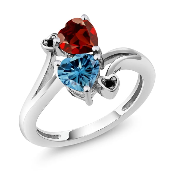 Gem Stone King 10K White Gold Diamond Accent Ring Heart Shape Red Garnet and Vivid Persian Blue Moissanite (1.83 Cttw, Size 9)
