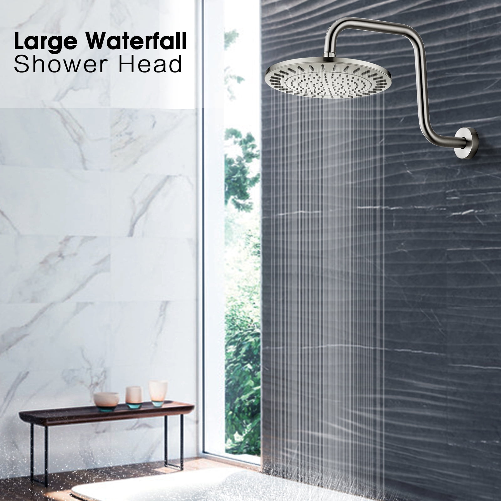 BRIGHT SHOWERS Rain Shower Head, 9 inch High Pressure Waterfall Showerhead with Adjustable Angle and Anti-clogging Silicone Nozzles, Luxury Bathroom Overhead Rainfall Shower Head, Brushed Nickel