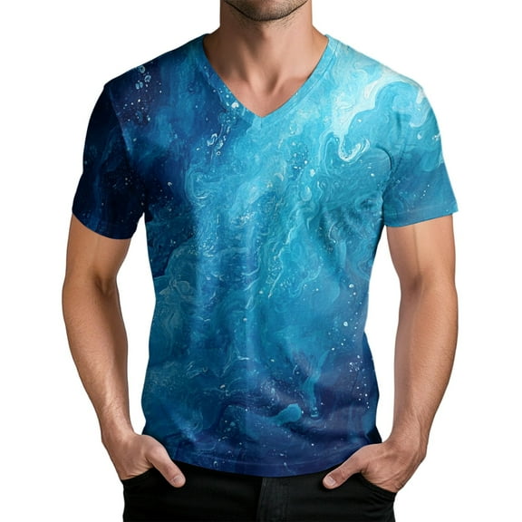 Men's V-Neck Short Sleeve T-Shirt with Gradient Effect - Soft Blend Color Design for Casual Hangouts, Beach Trips and Fashion-Forward Daily Wear,Blue L