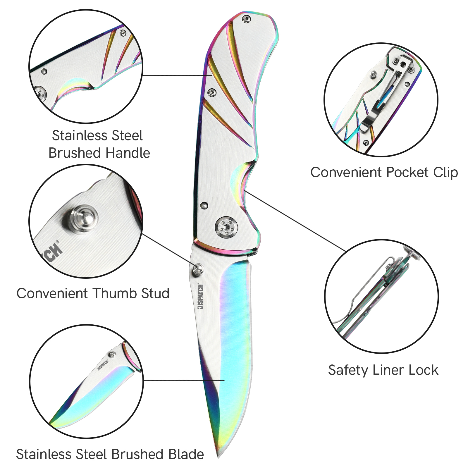 Dispatch 4PCS 4.5” Folding Pocket Knife with Aluminum Handle and Clip, 3Cr Brushed Finish blade, Rainbow