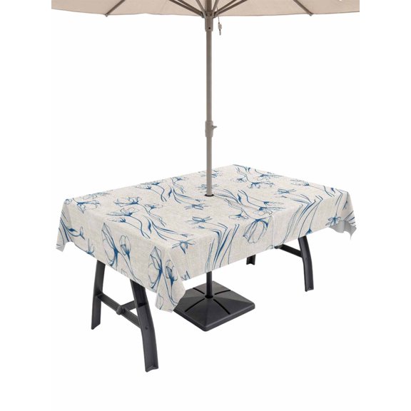 Outdoor Tablecloth with Umbrella Hole for Patio/Picnic/Party/Camping, Vintage Floral Waterproof Table Cloth Rectangle Table Cover Washable, Navy Blue Flowers Retro Pastoral Plants (54"x 80")