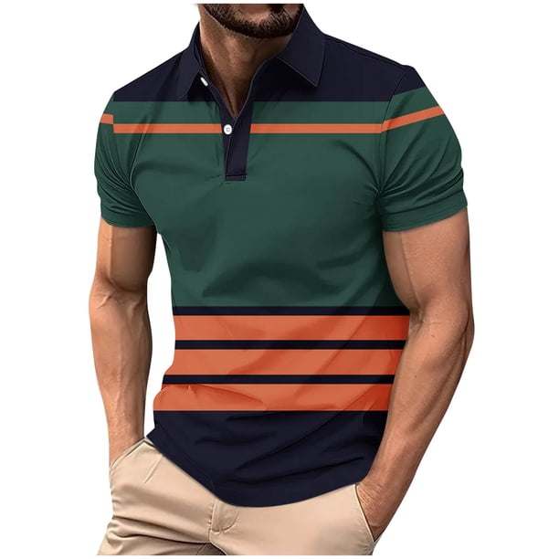 Mens Casual de Manga Corta Botón Abajo Camisas Raya Impresa Blusa Deportiva, Camisa Del Botón Del Cuello de Vuelta