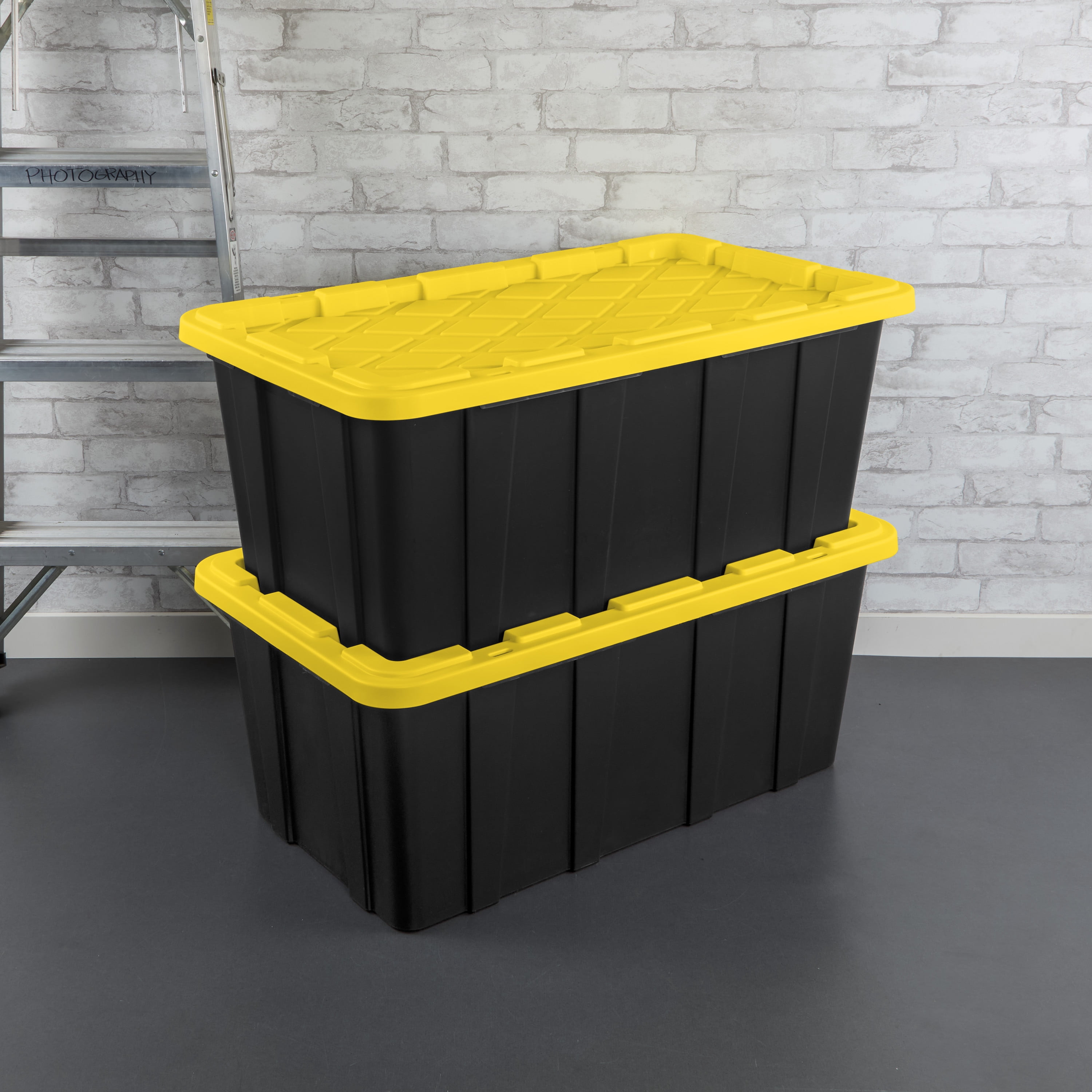 Sterilite 38 Gallon Industrial Tote, Rugged Plastic Storage Bin, Snap-on Lid, Yellow/Black, 4 pack