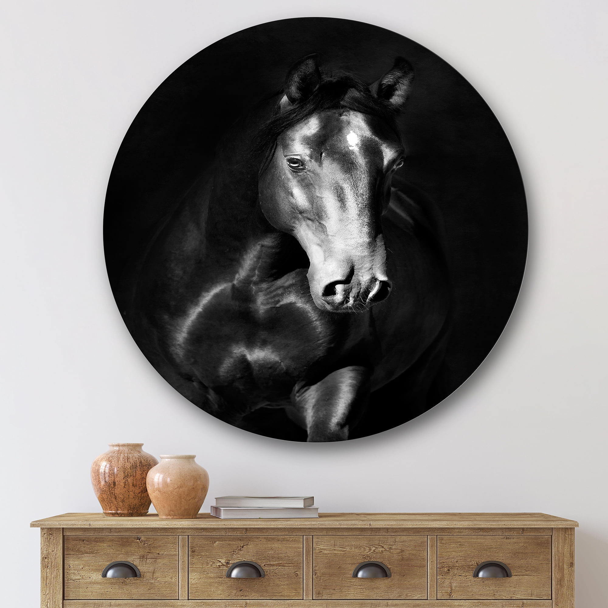 Designart 'Close Up Portrait Of Black Kladruby Horse' Farmhouse Circle Metal Wall Art 36x36 - Disc of 36