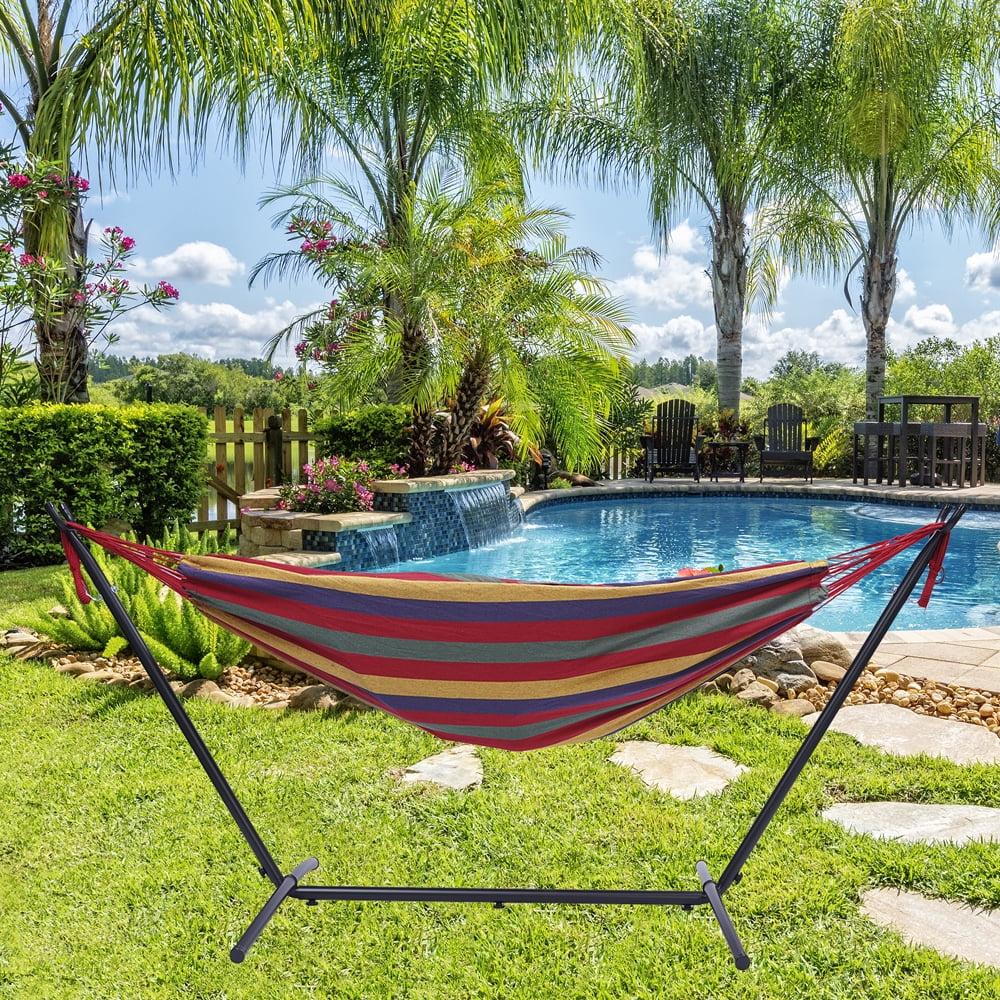 Hammock with Stand, Brazilian Style Hammock Bed with 9.3ft Heavy Duty Steel Stand and Carrying Bag, Portable Double Hammock for Patio Balcony Deck Indoor Outdoor, Max Load 450lbs, Easy Set Up, K3380