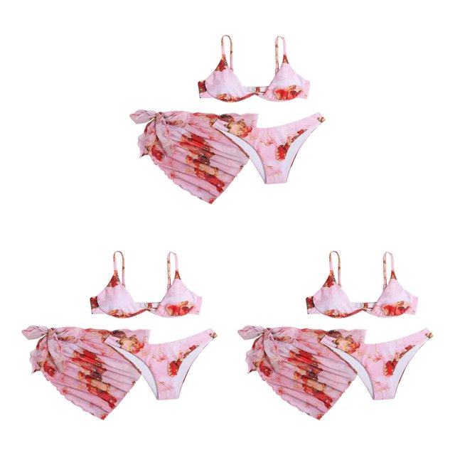 Yuarrent Traje de baño de tres piezas para mujer, traje de baño acolchado con aros divididos con estampado, traje de baño atado para fiesta Type1 NO1