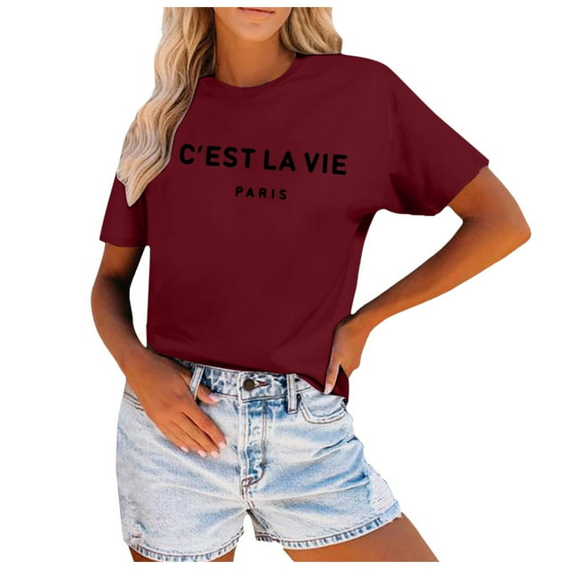 WEIYLL T-Shirts pour Femmes Mignons à Imprimé de Lettres Col Rond Manches Courtes T-Shirts Bordeaux Tailles P
