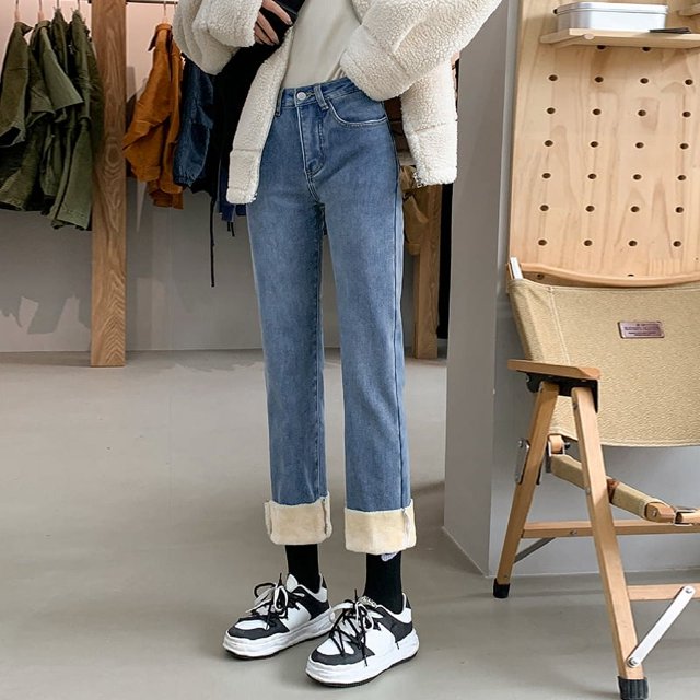 Pantalones vaqueros gruesos y cálidos para mujer, pantalones de lana elásticos de longitud completa, pantalones de pierna ancha de cintura alta informales a la moda, Invierno