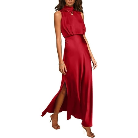 Women Sleeveless Mock Neck Cocktail Dresses Keyhole Elastic Waist Party Wedding Guest Satin High Split Maxi Dress