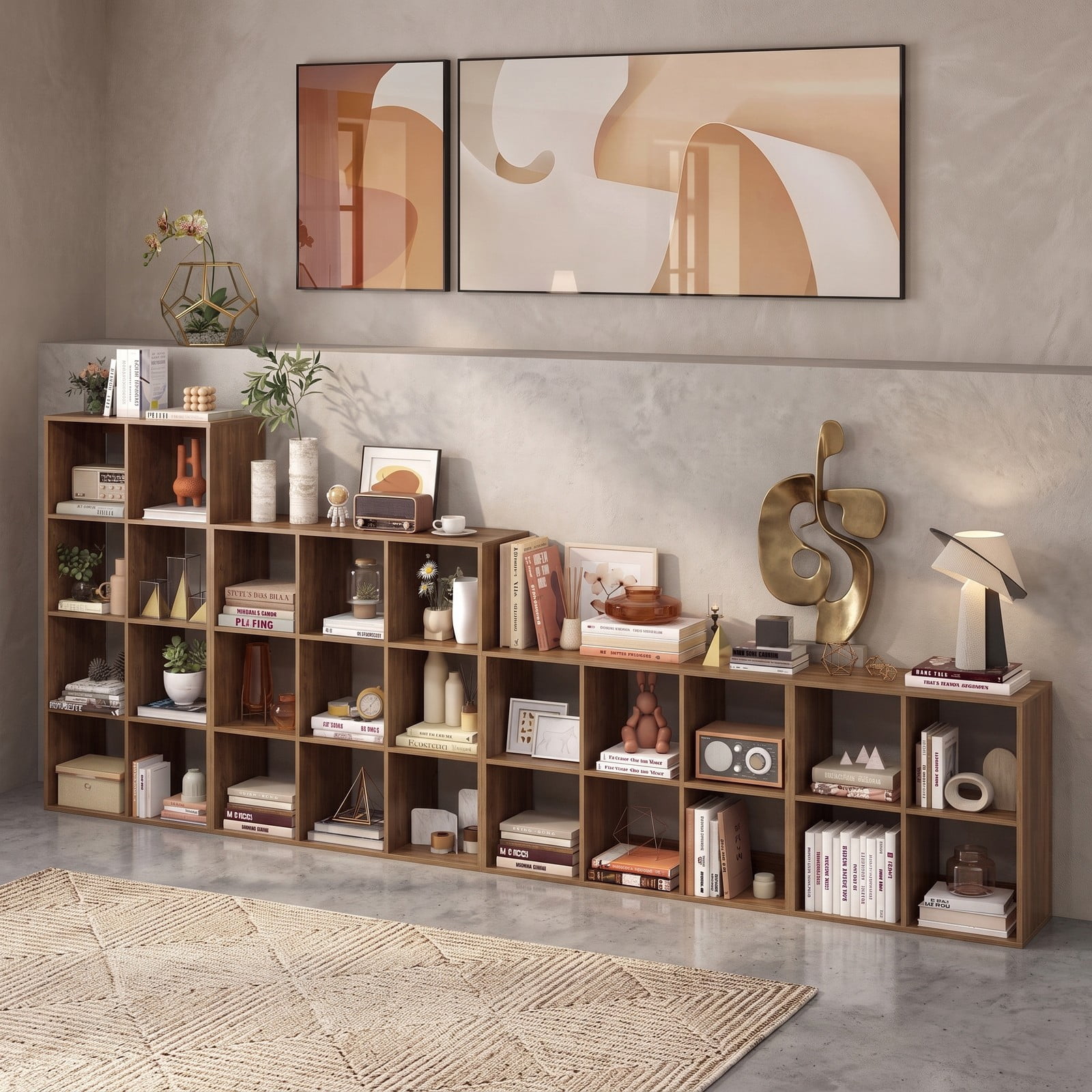 Furnibear 4 Cube Bookshelf, Wood Cube Storage Organizer Bookcase with Back Guardrail and Anti-Tip Kit for Living Room Bedroom Home Office, Natural