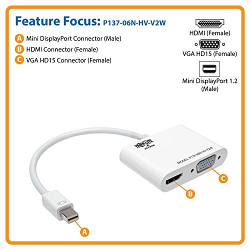 Tripp Lite Mini DisplayPort 1.2 to VGA/HDMI Adapter Converter, Active, 1920 X 1200, 1080P, Black, Mdp Adapter (P137-06N-HV-V2W)