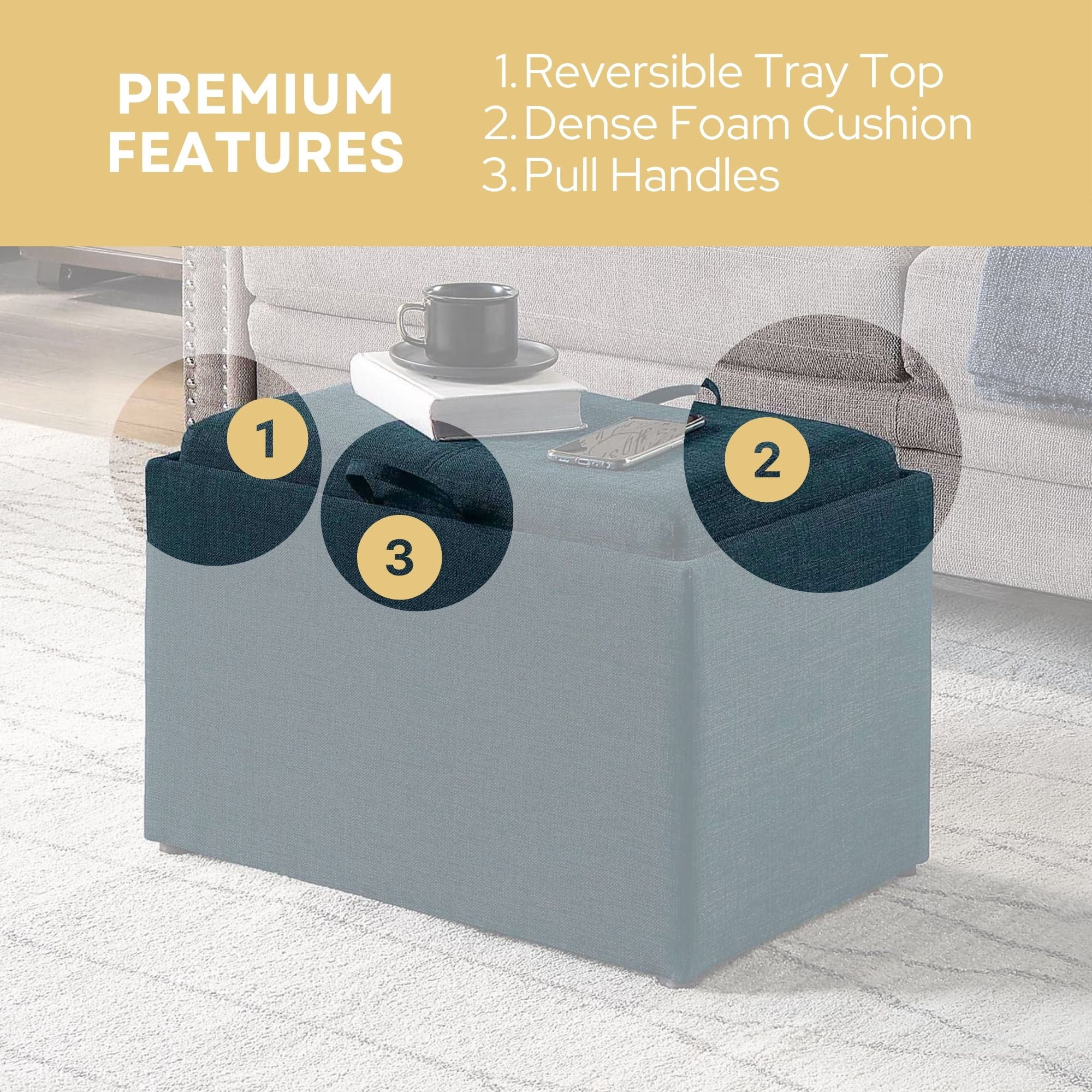 Convenience Concepts Designs4Comfort Accent Storage Ottoman with Reversible Tray, Dark Blue Fabric