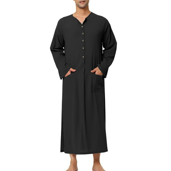 JTieacloth Men's Sleep Bottoms Male Solid Color Button Long Sleeve Robe Pajamas Collarless Loungewear Black