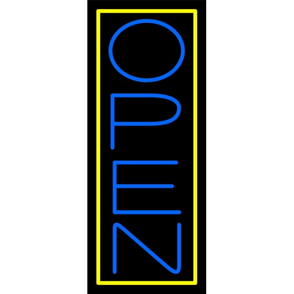 Blue Open With Yellow Border Vertical LED Neon Sign 13 x 32 - inches, Clear Edge Cut Acrylic Backing, with Dimmer - Bright and Premium built indoor LED Neon Sign for storefront.