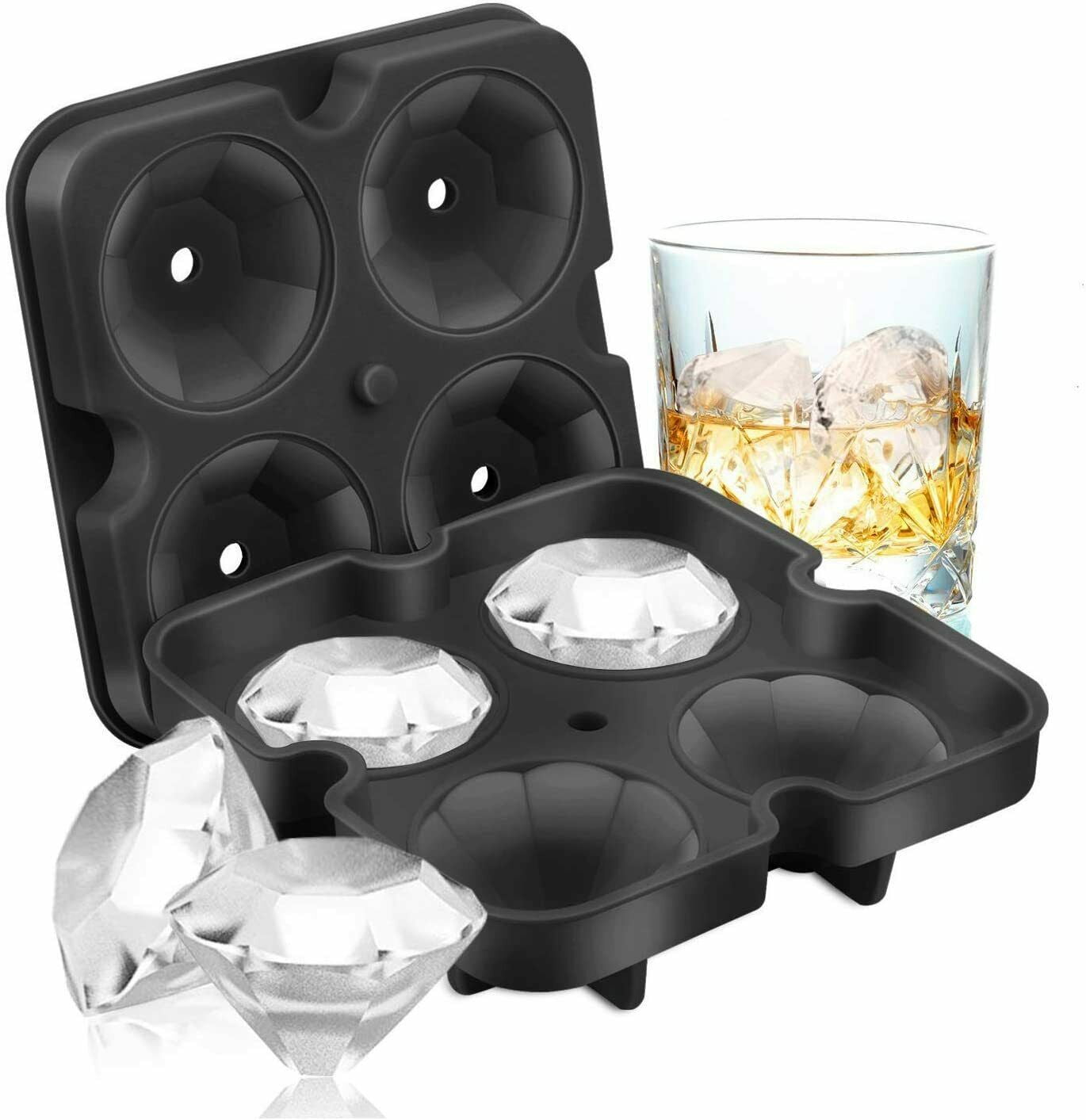  Kitchen Planet Ice Cube Trays Silicone Variety - Set of 3,  Large Ice Cube Mold for Whiskey or Drinks, Sphere Ice Ball Maker & Diamond Ice  Cube Tray with Lid, Improved