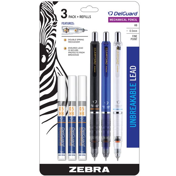 Zebra Pen DelGuard Mechanical Pencil, Fine Point, 0.5mm, Black/Blue/White Barrel, Lead Refills, Refillable, 3-Pack