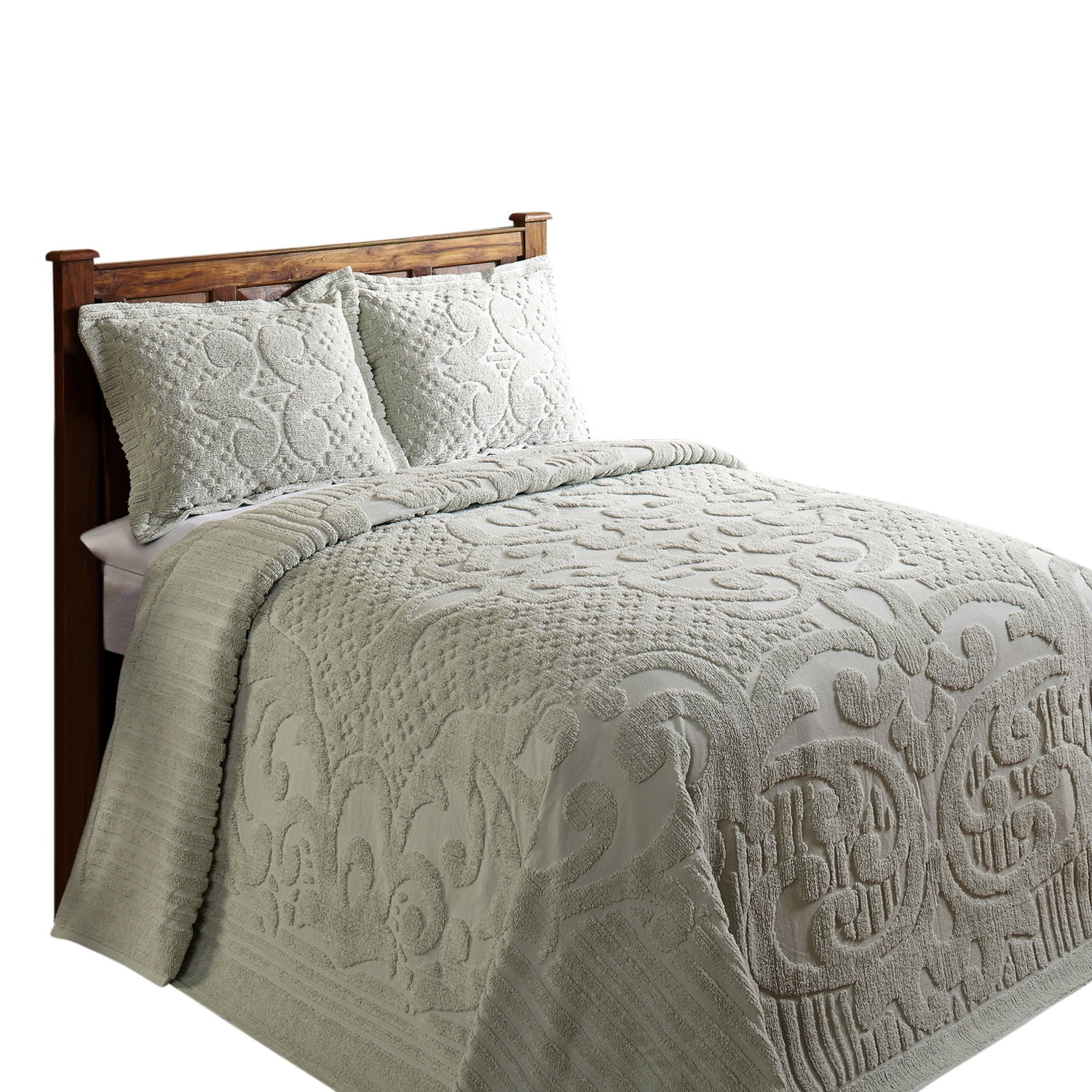Better Trends 3 Piece Chenille Bedspread Set for Queen Bedspread 100% Cotton Lightweight Bedspread for all Season Ashton Collection (Sage)