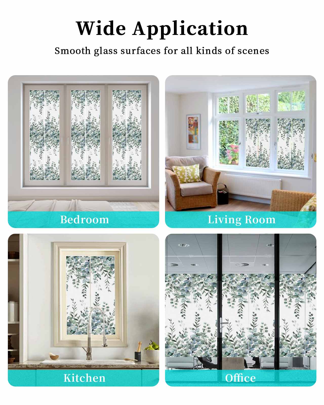 Window Privacy Film Green Eucalyptus Leaves Stained Glass Window Film Decorative Sun Block Window Cover Summer Botanical Watercolor Window Clings Static Adhesive Sticker for Bathroom 29.5"x118"