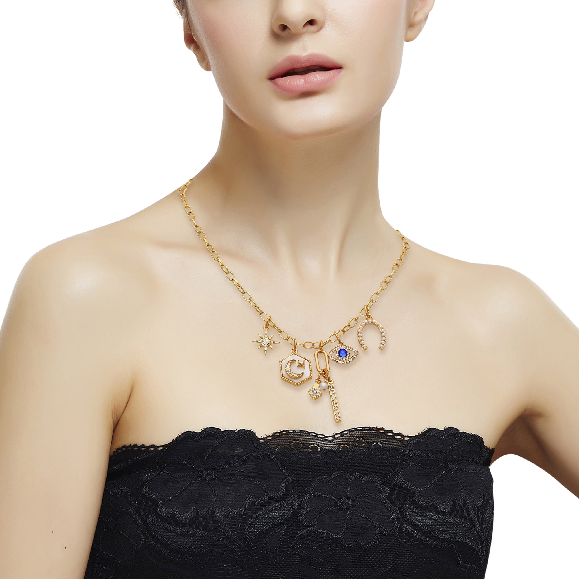 Time and Tru Women's Gold-Tone Interchangeable Luck Theme Charms Necklace.