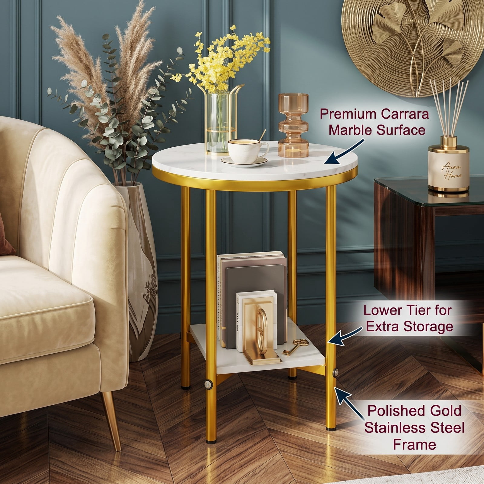 Furnibear 2-Tier Round Coffee Table with Storage Shelf, Faux Marble Top End Side Accent Table with Golden Metal Frame for Living Room Bedroom Small Space, White & Gold