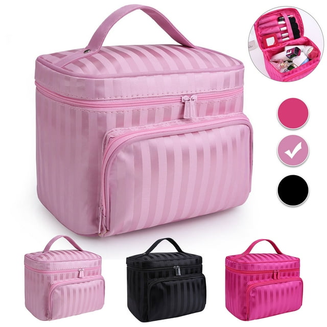 Large Capacity Makeup Case, Foldable Stripe/Rhombic Makeup Bag Storage Bag Organizer, Waterproof Travel Cosmetic Case Box, Portable Train Cases for Cosmetics Brushes, Toiletries, Gift for Women