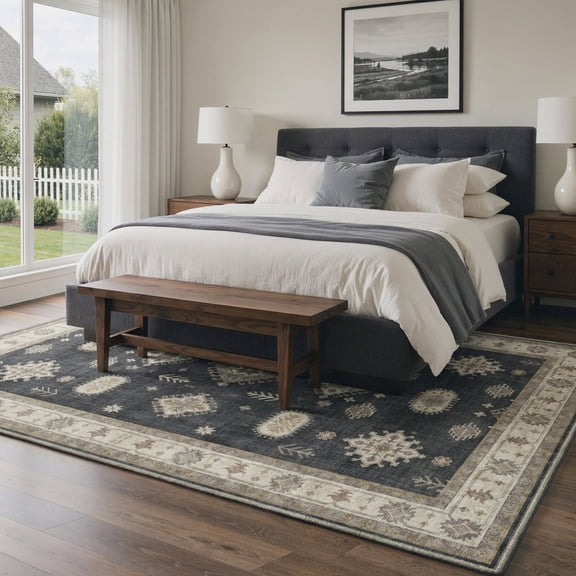 GENIMO 5'x7' Area Rug for Living Room, Machine Washable Non Slip Low Pile Rug for Bedroom Dining Room, Vintage Persian, Dusty Charcoal