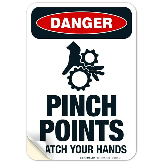 Pinch Points Watch Your Hands Sign, OSHA Danger Sign, (SI-3901) 10x7 Vinyl Sticker