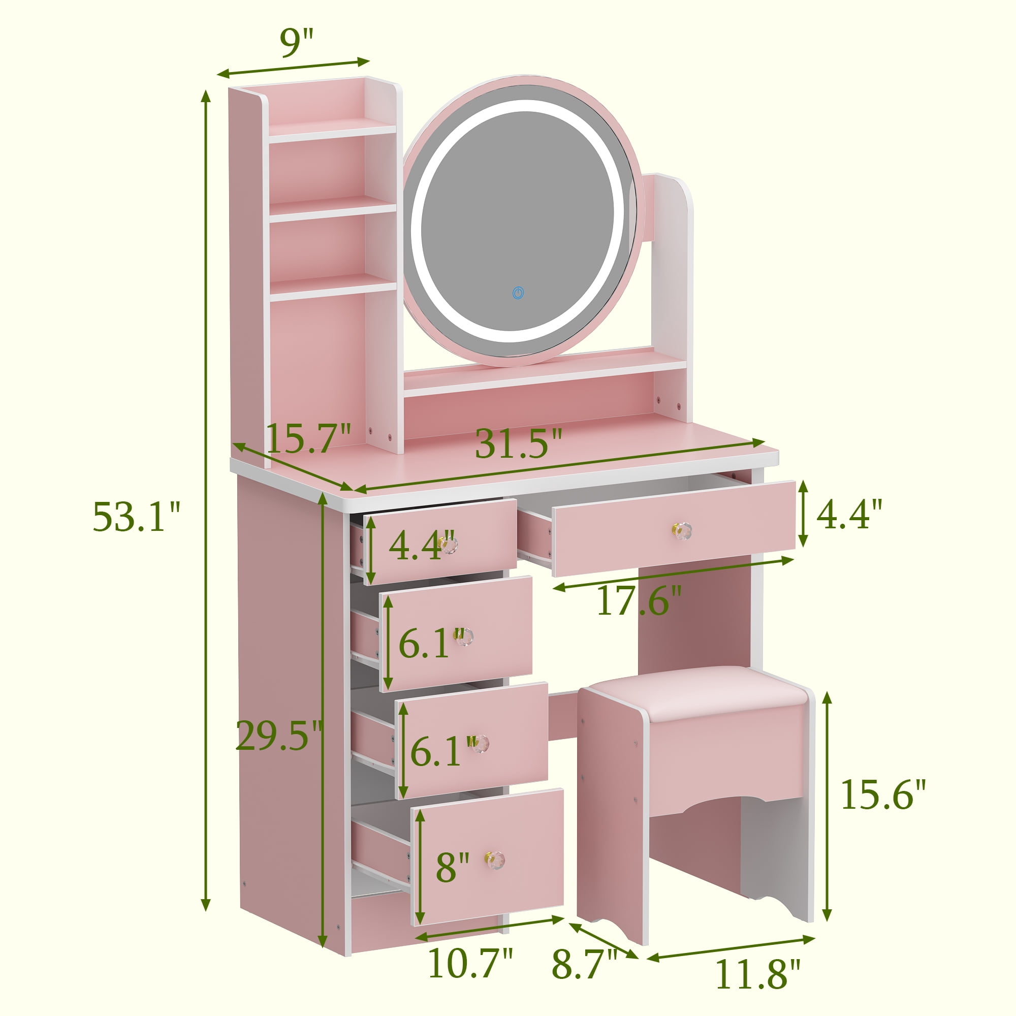 KULAGAGA Vanity Set with 3 Colors Touch Screen Dimming Mirror, Cushioned Stool, Storage Shelves, Makeup Organizer, 5 Drawers Makeup Vanity Desk , Dressing Table , Pink