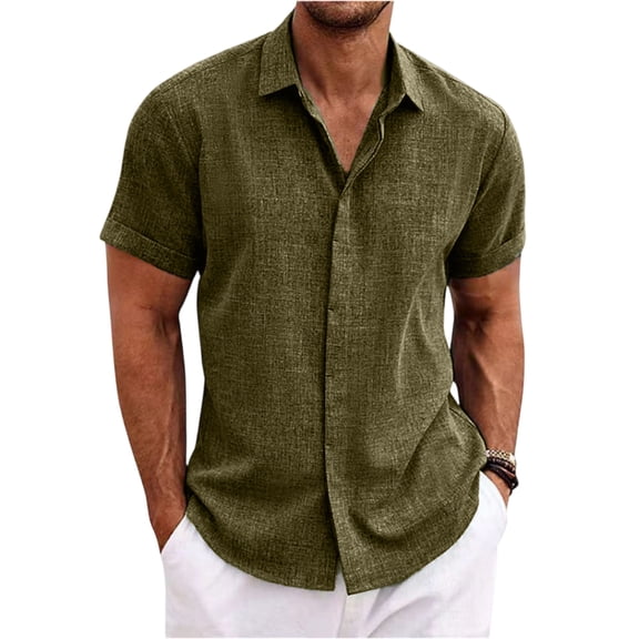 Qwertyu Hawaiian Shirt for Men Summer Cotton Linen Solid Casual Mens Short Sleeve Button Down Shirts Dark Green XL