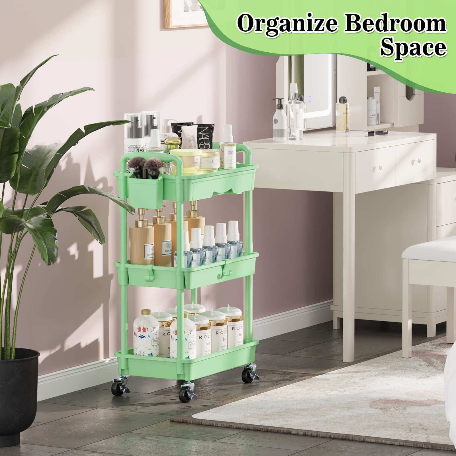 3 Tier Rolling Utility Cart with Removable Drawer, Bathroom Storage Organizer with 2 Lockable Wheels, Mobile Shelving Unit for Kitchen, Office, Snack, Craft, Makeup, Baby Essentials, Green
