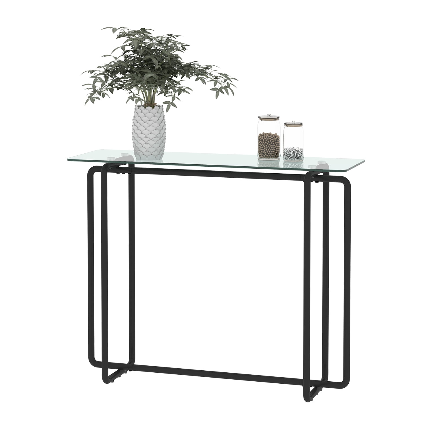 Kadyn Console Glass Table, Black Leg Double Tempered Glass Tea Table, Entryway Console Sofa Table for Living Room, Transparent Kadyn Console Glass Table, Black Leg Double Tempered Glass Tea Table, Entryway Console Sofa Table for Living Room, Transparent