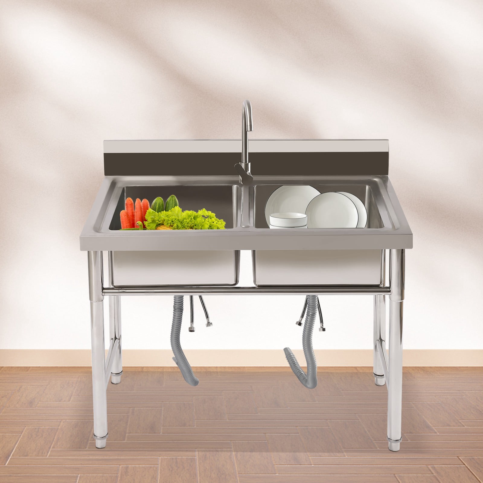 Freestanding Rectangular Silver Double Compartment Commercial Restaurant Utility Kitchen Sink Stainless Steel