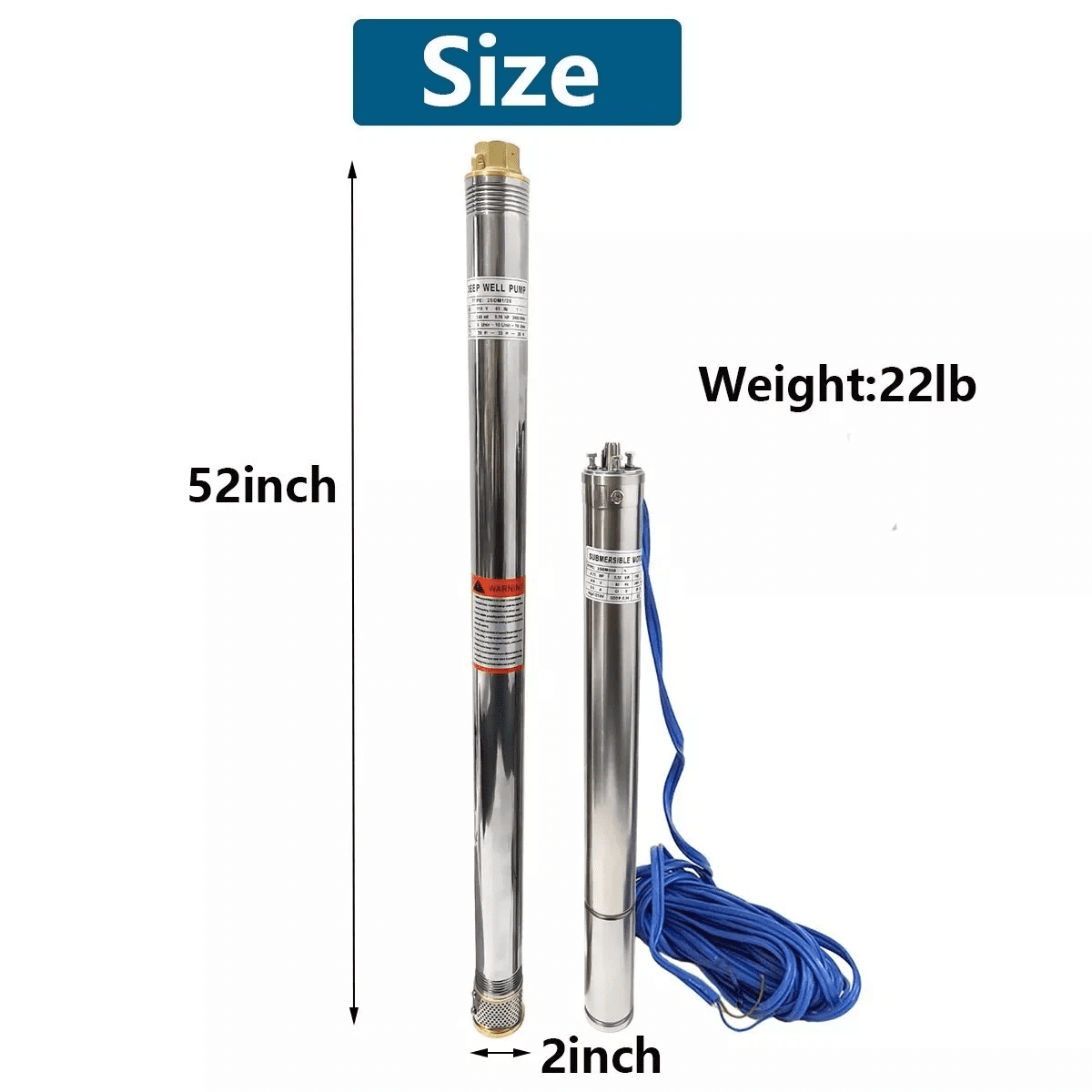 iMeshbean 3/4HP 2"OD Deep Well Submersible Pump, 220V, 360GPH,  6 GPM, 164FT Max, 26 Stage 50FT Cord