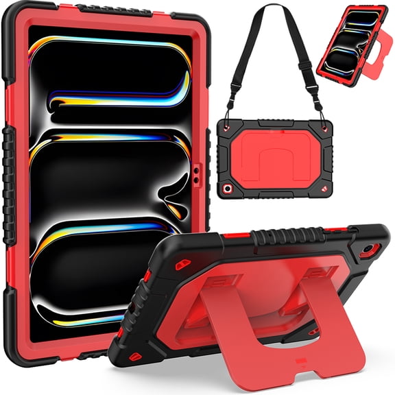 Decase Rugged Case for Samsung Galaxy Tab A11 Plus/A9 11-Inch 2025/2023,Heavy-Duty 3-Layer Hard Cover with Shoulder Strap 3-in-1 Pen/Stylus,Shockproof Hybrid Stand Cover,Red