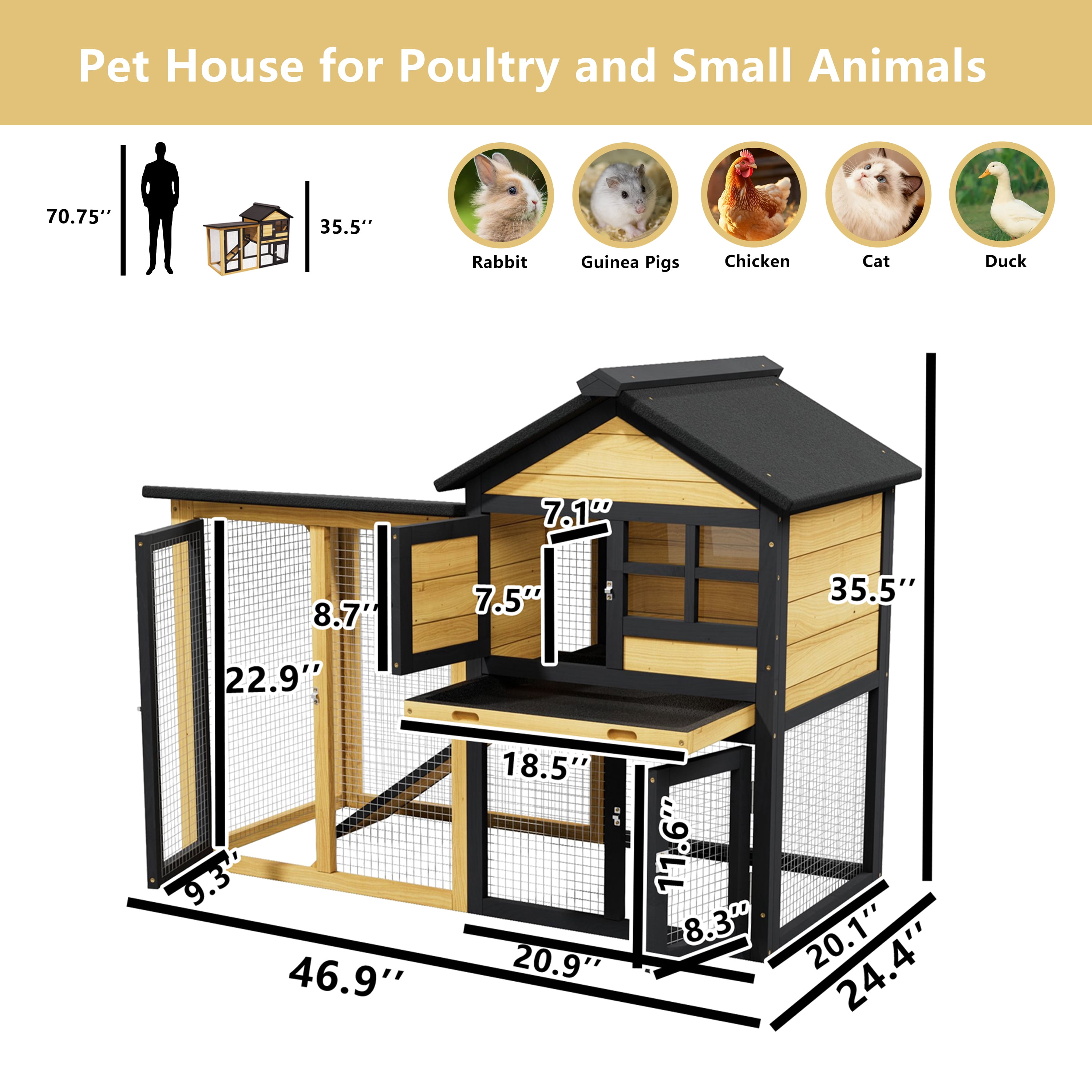 Outdoor Weatherproof 2-Tier Wooden Quail Cage with Pull-Out Tray, 46.9", Yellow