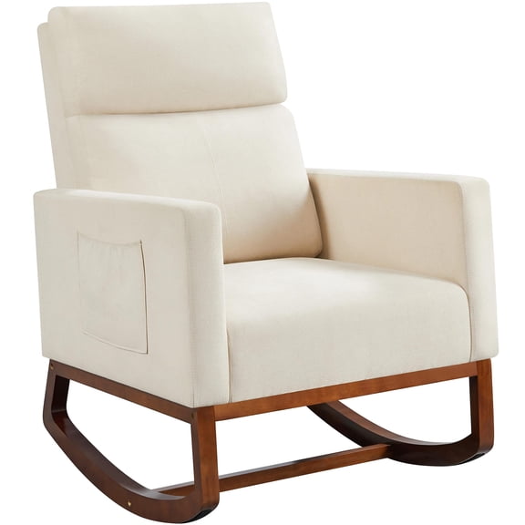 Modern Upholstered Rocking Accent Chair With Side Pocket, Beige