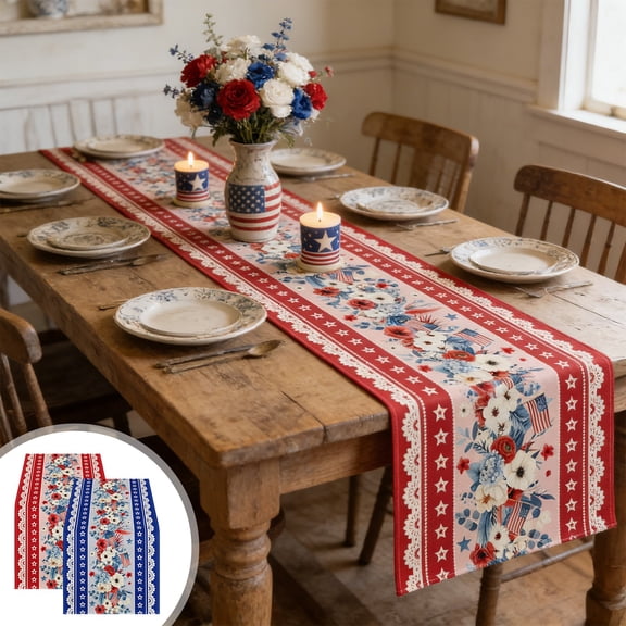 Dmlowu 4th of July Table Runner, Patriotic Red White Blue Floral Flower Table Cloth, Independence Day Table Mats for Home Dining Kitchen, "13 x 35.4"
