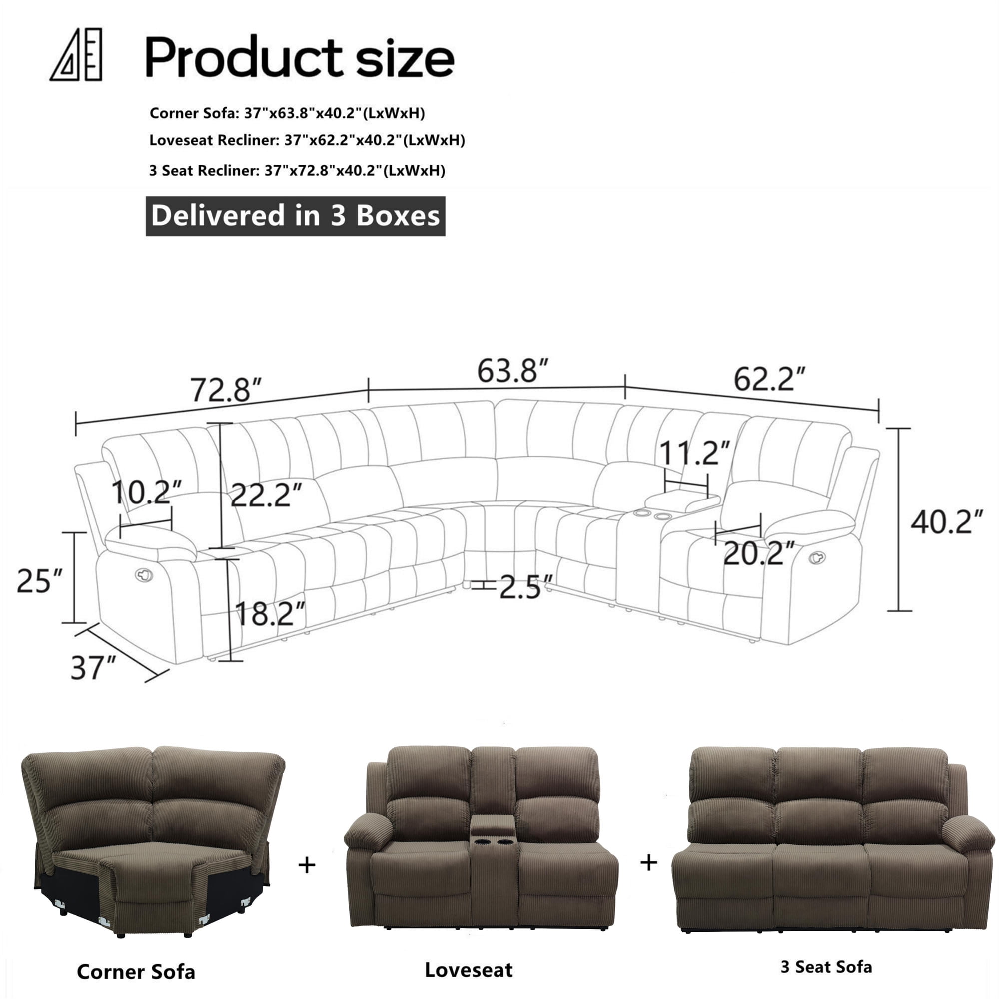 Aukfa 3-Piece Recliner Sofa Set, 6 Seat Sectional Couch with Cup Holders&Storage Console, Corduroy, Peanut