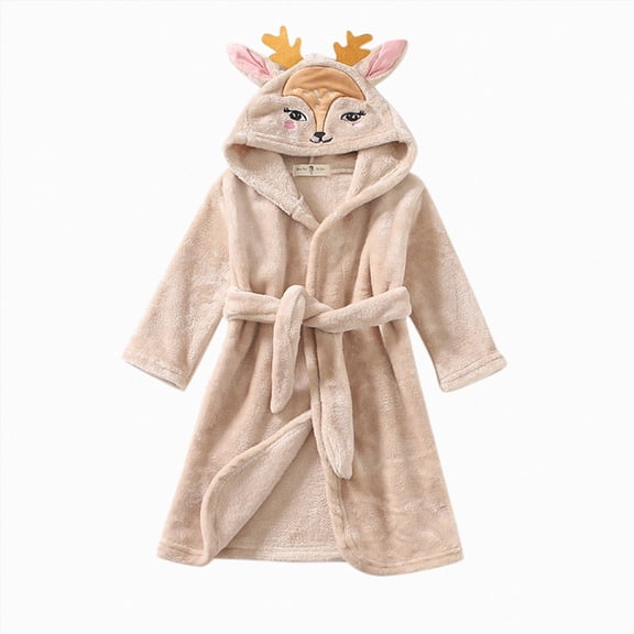 NOLDARES Boys Girls Robe Kids Flannel Hooded Bathrobe Sleepwear Pajamas Toddler Soft Plush Robes for Girls,Khaki,7-8 Y