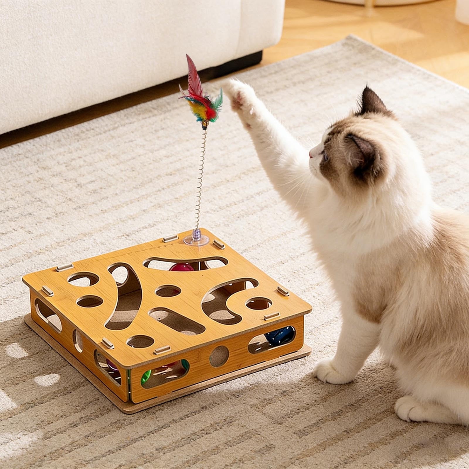 Interactive Cat Enrichment Puzzle Toy with Nail Trimming Sandpaper Board for Indoor Feline Entertainment and Stress