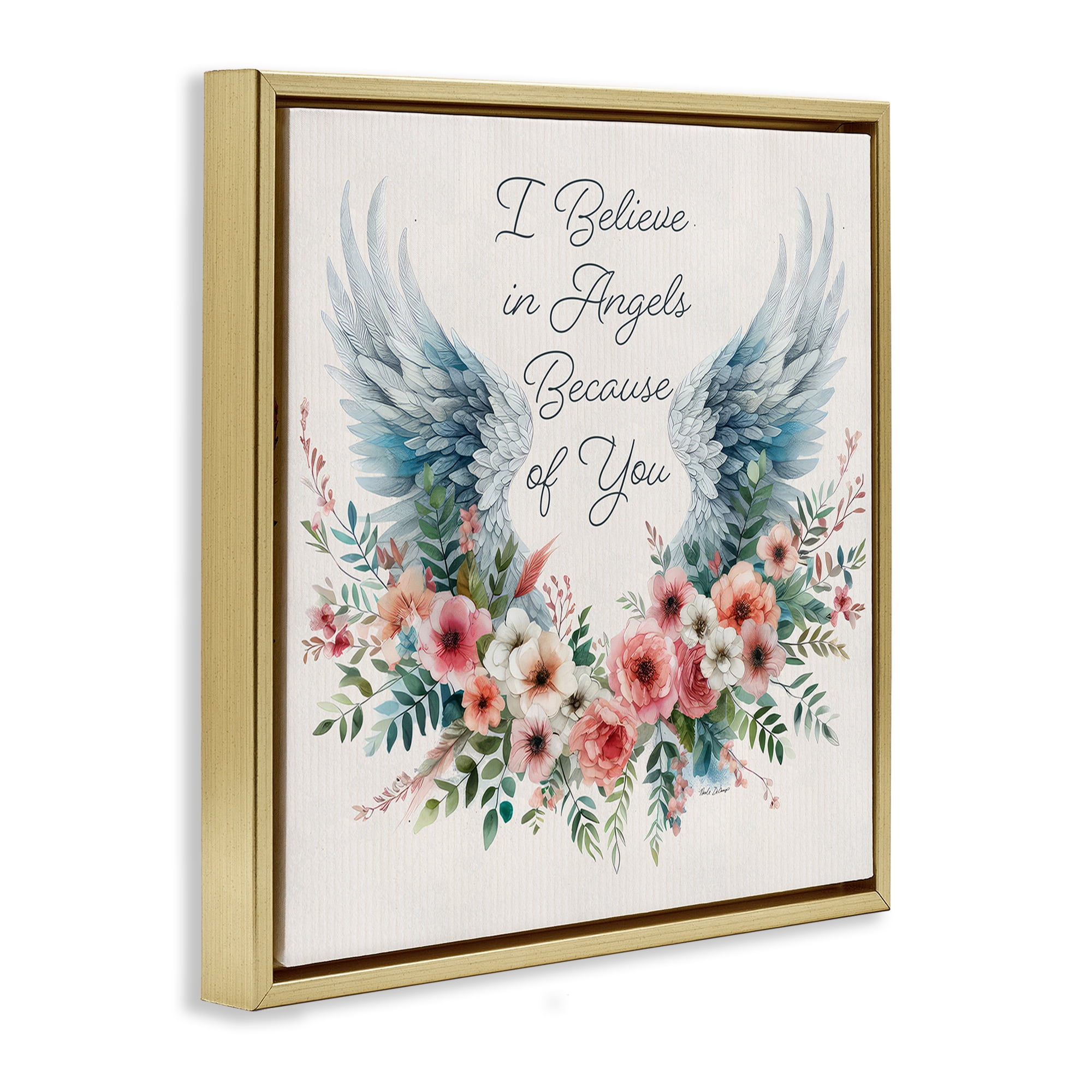Stupell Industries Floral Believe In Angels Plants & Flowers Painting Gold Floater Framed Canvas Art Print Wall Art, 18 x 18