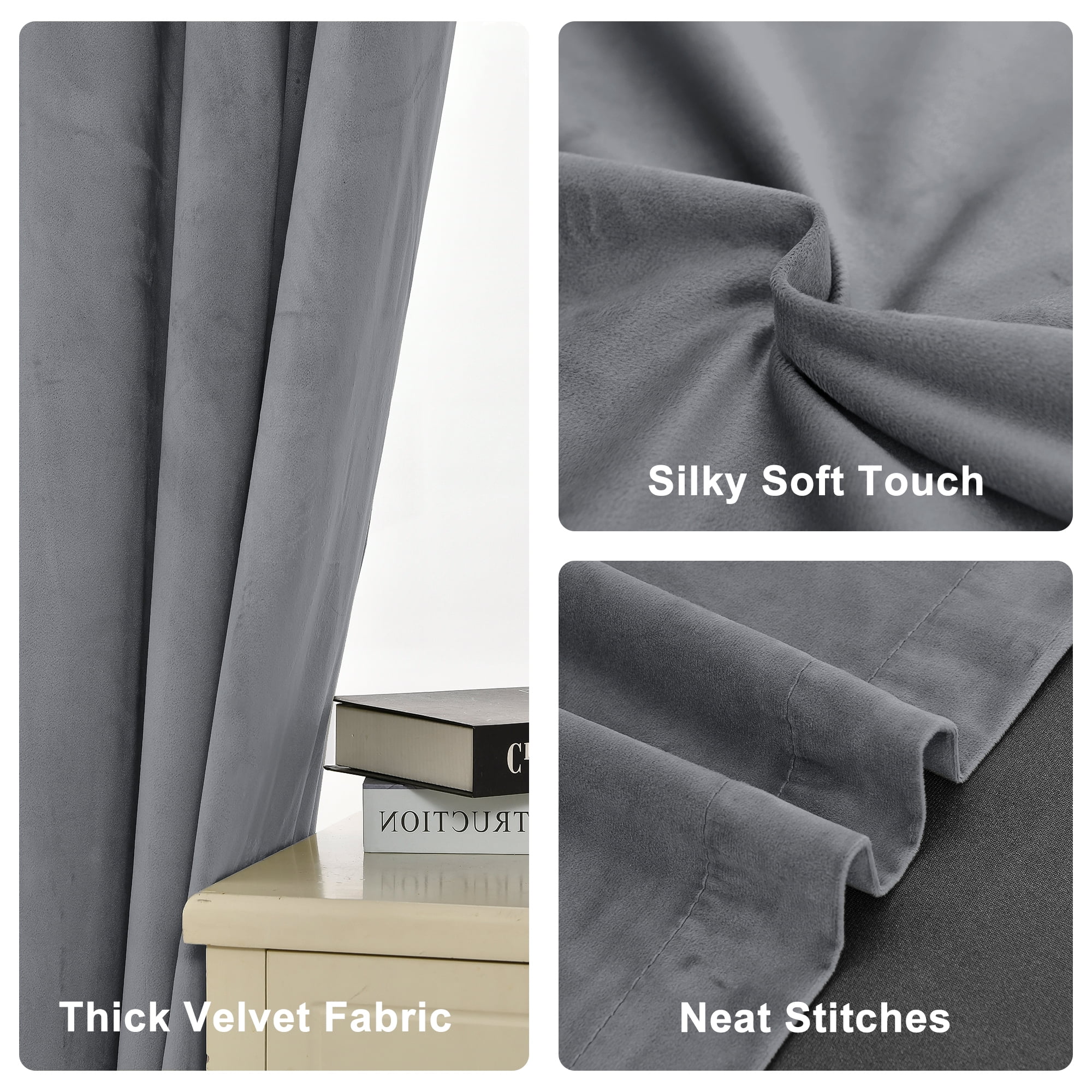 XWZO Velvet Blackout Curtains 96 Inch 2 Panels for Window, Room Darkening Energy Saving Thick Window Treatment Drape for Bedroom/Home Theater/Living Room/Patio/Sliding Door,Grommet, Gray, W52 x L96