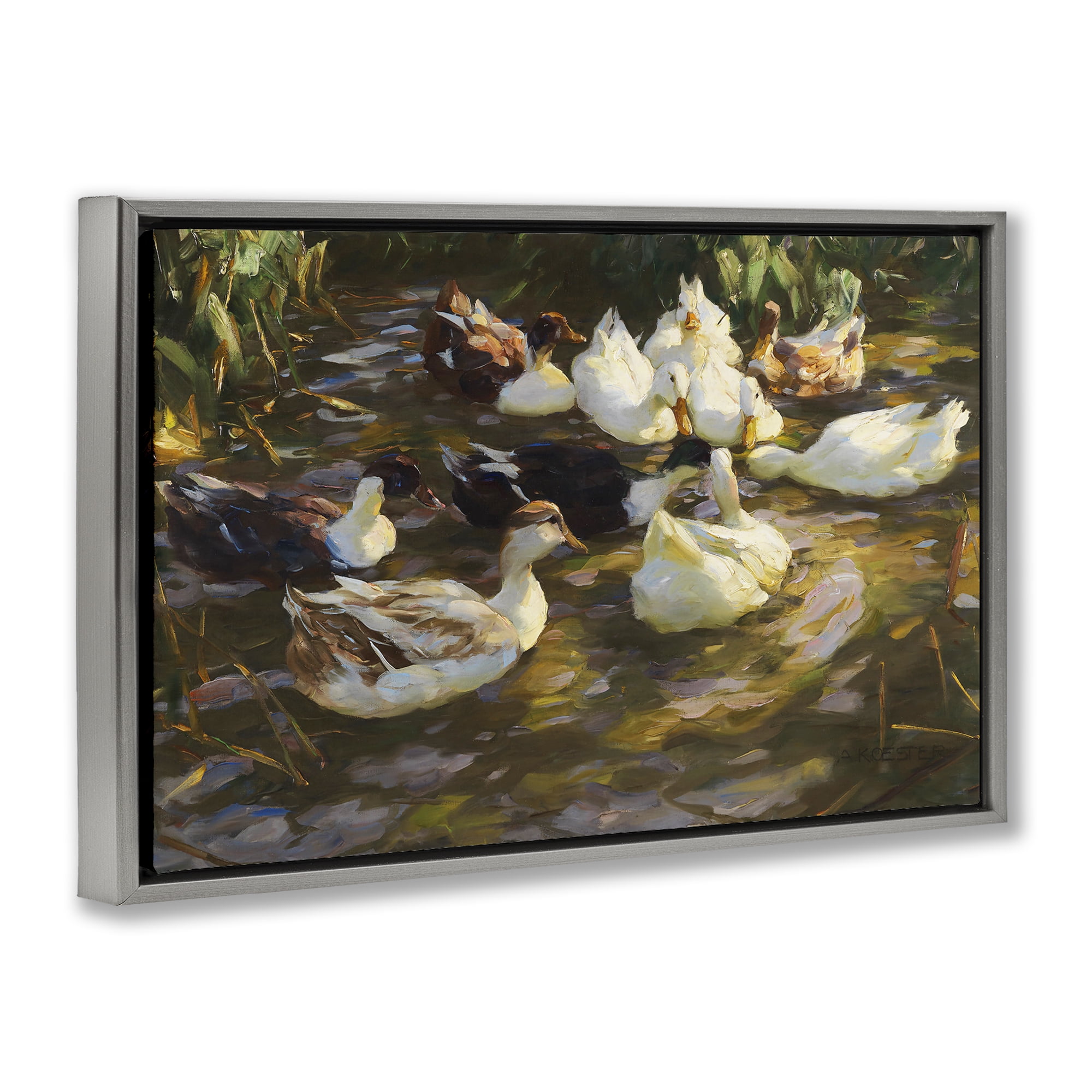 Stupell Industries Ducks in Flowing River Landscape Painting Gray Floater Framed Canvas Art Print Wall Art, 31 x 21