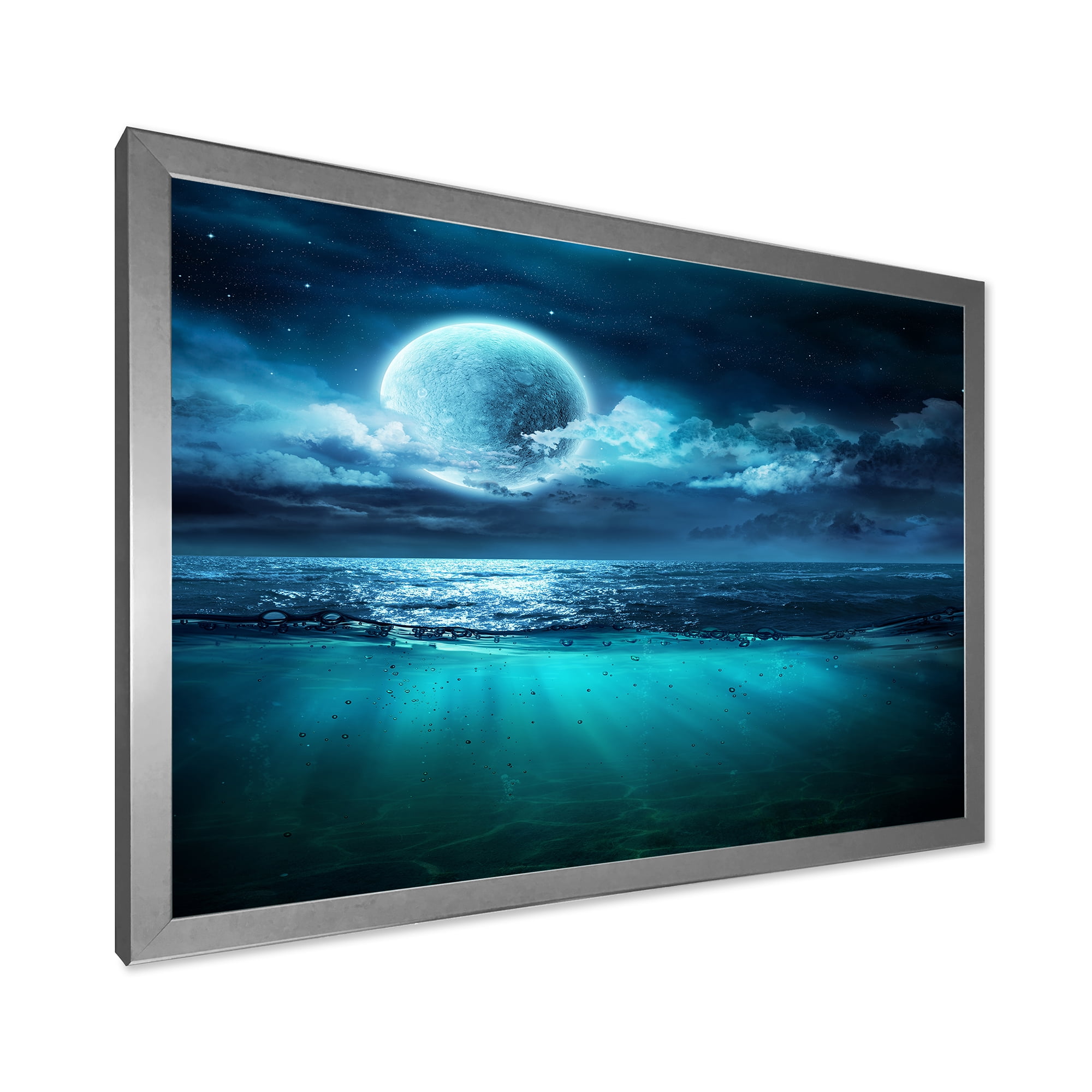 Designart 'Romantic Moon and Clouds Over Deep Blue Sea II' Nautical & Coastal Framed Art Print