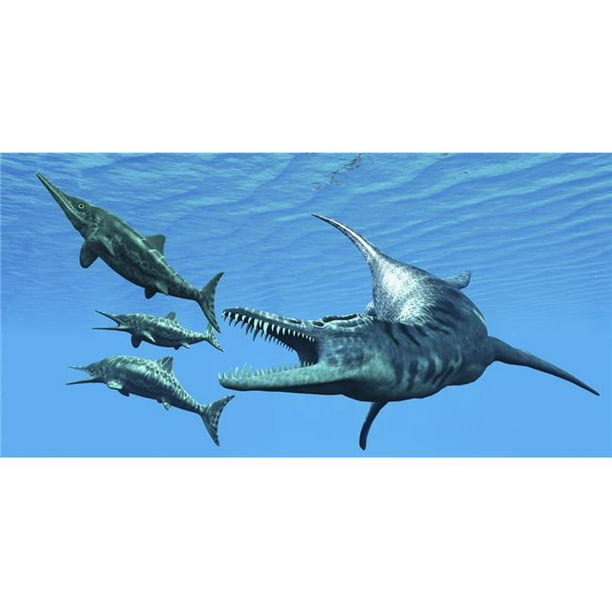 StockTrek Images PSTCFR200231P Lipleurodon Reptile Hunting Ichthyosaurus Dinosaures in Jurassic Seas Poster Print, 20 x 10