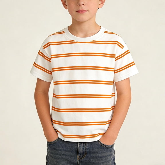 ATOGUTA Tee Shirt Boys Short Sleeve Crew Neck Summer Trendy Striped T-Shirts Clothes for Teen Boys Orange, Size 1T-12