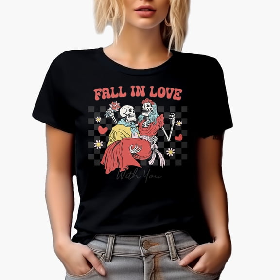 Fall in Love with You, Skeleton Couple, Checkerboard, Retro Valentine's Day Gift, Black T-Shirt, Small