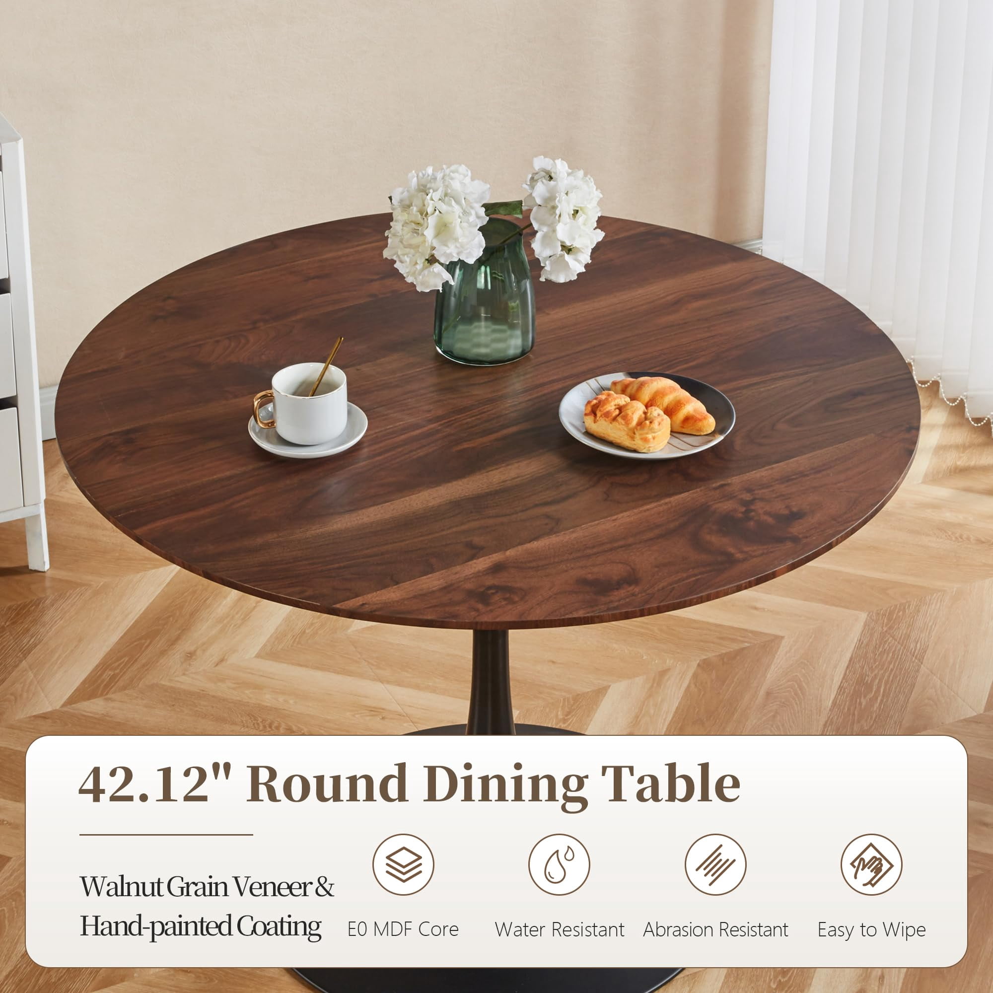 Miniyam 42" Round Pedestal Dining Table for 4-6, Small Kitchen Table with Wood Top, Walnut